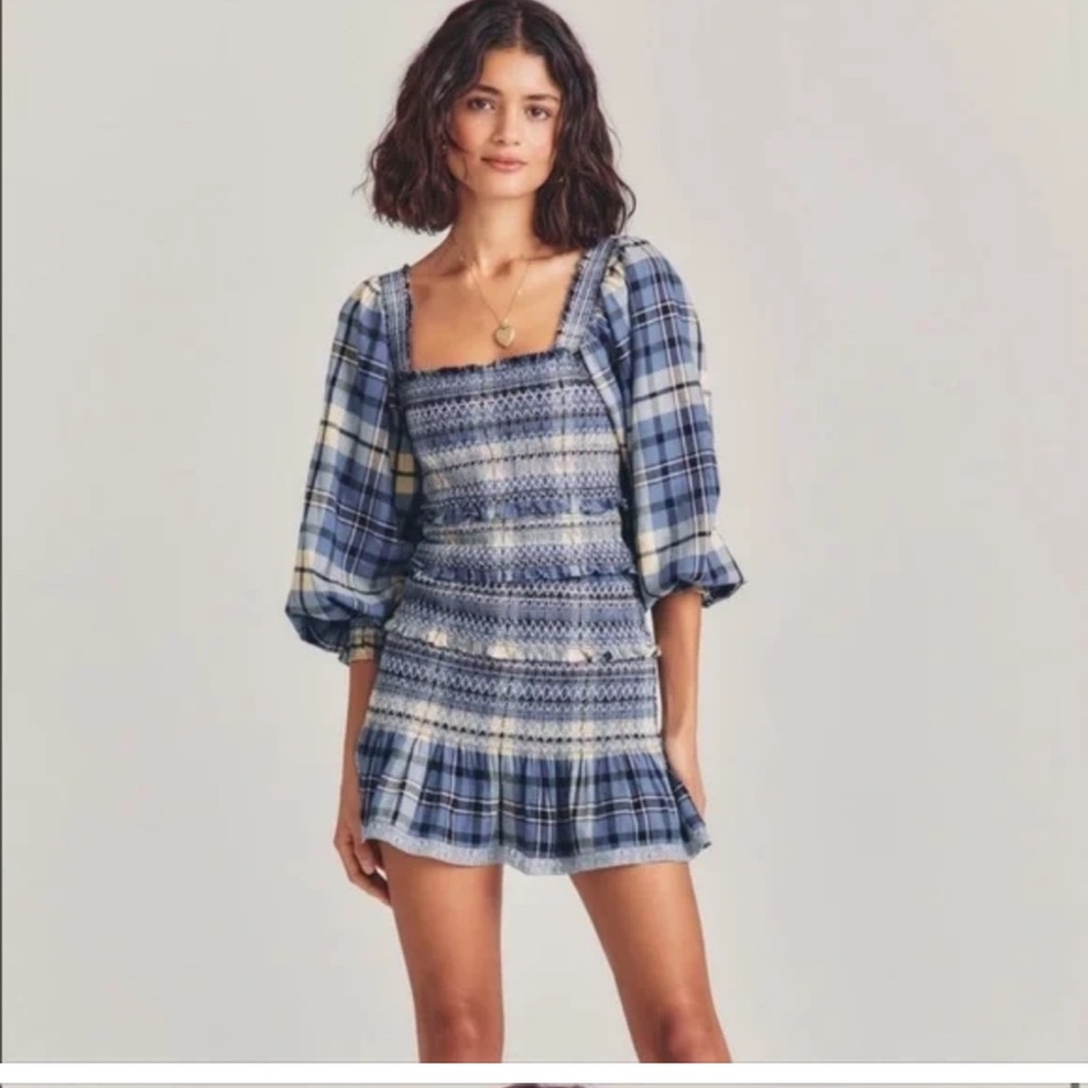 Love Shack Fancy Stanley Blue Plaid Women's Dress XS